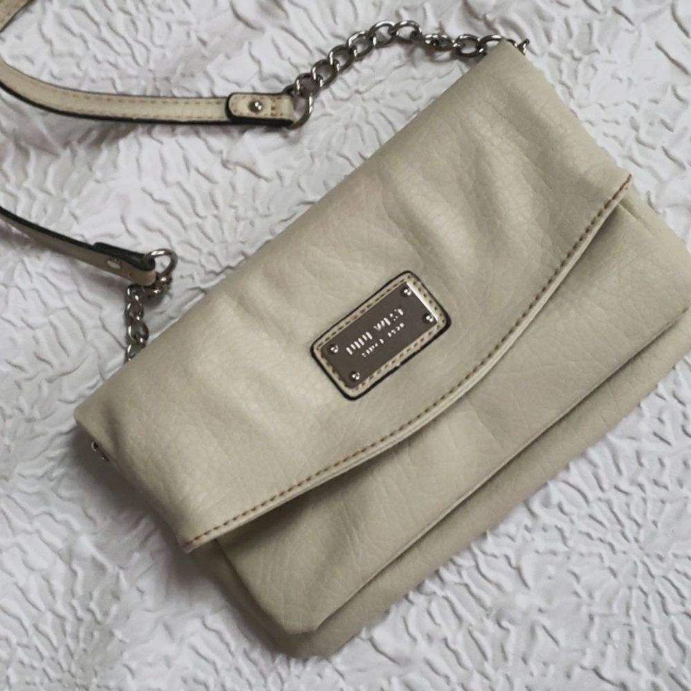 Nine West Convertible Crossbody Faux Leather Chain Purse, Wallet, Clutch - Ecru